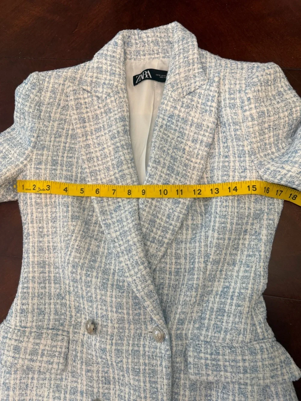 Zara Light Blue and Cream Tweed Double-Breasted Blazer